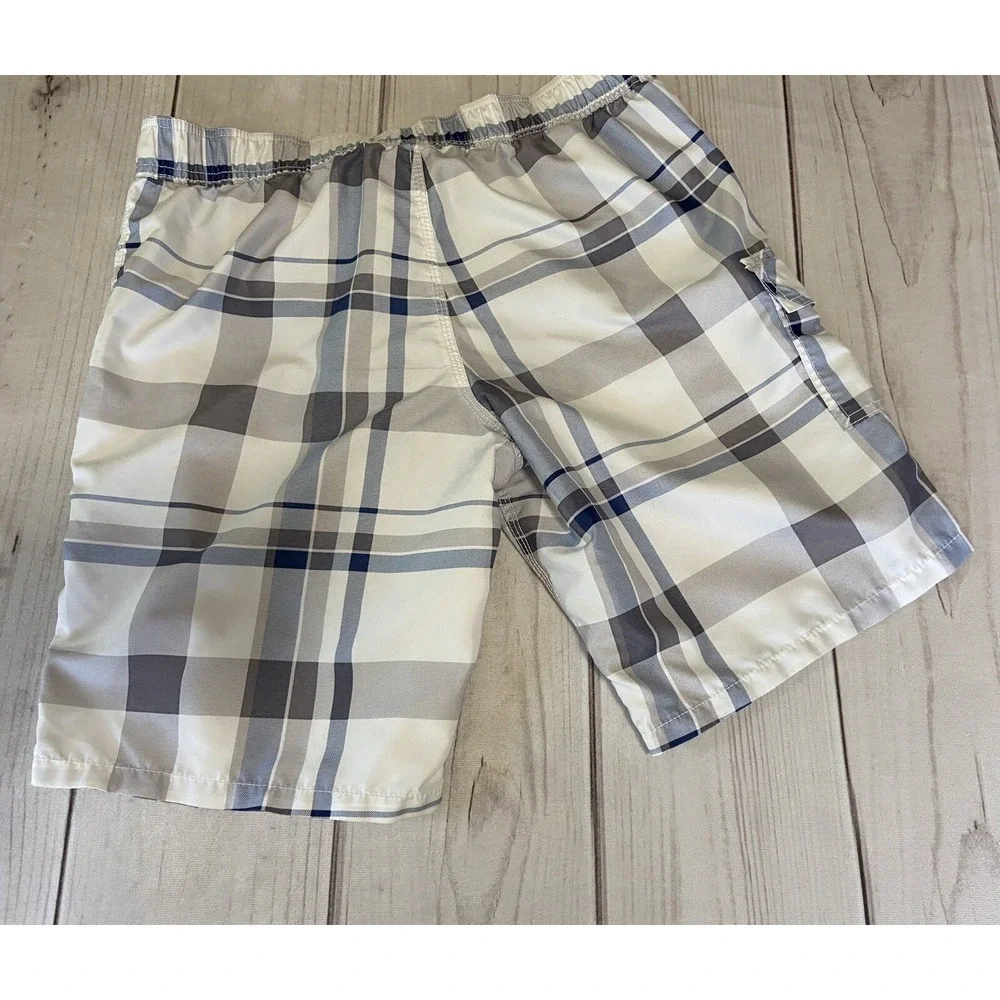 Old Navy Men's Size Medium Swim Trunks Bathing Suit White Blue Gray Plaid